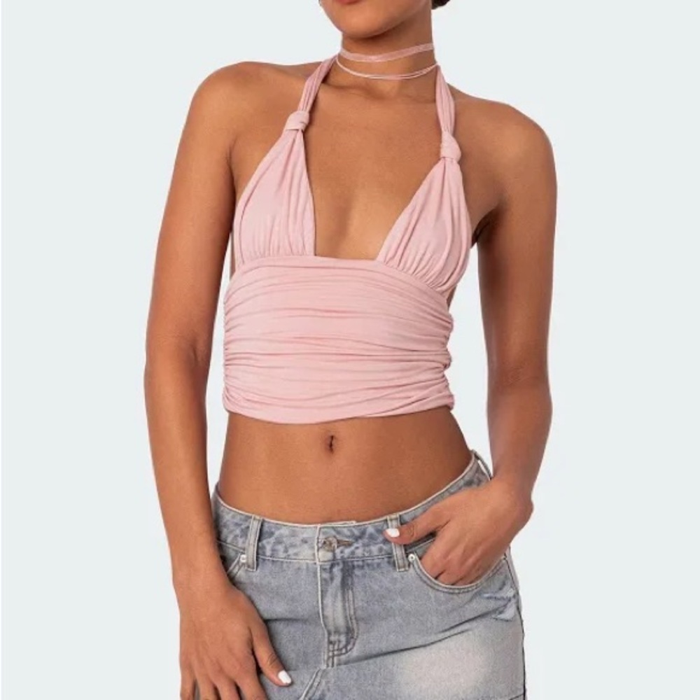 Edikted Pink Halter Neck Ruched Top